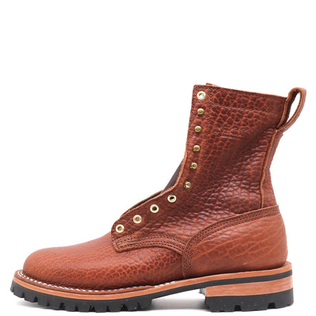 A single brown textured leather lace-up boot with brass eyelets, a pull tab, and a rugged black sole, shown from a side profile on a white background.