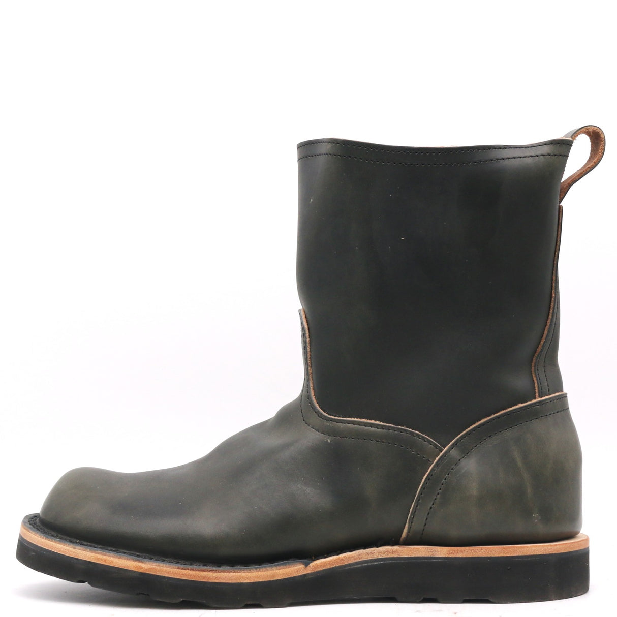 A dark olive green leather mid-calf boot with a pull tab, shown from a side profile on a white background.
