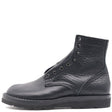 A single black leather ankle boot with a pebbled texture, lace-up front, and thick black sole, shown from a side profile on a white background.
