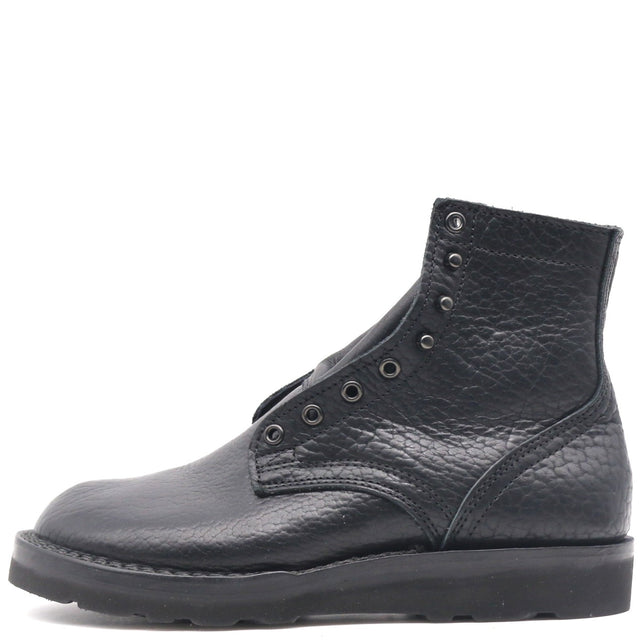 A single black leather ankle boot with a pebbled texture, lace-up front, and thick black sole, shown from a side profile on a white background.