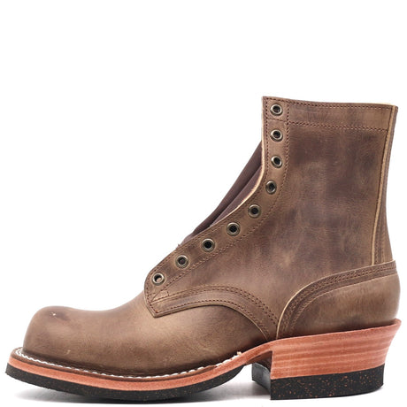 A brown distressed leather lace-up ankle boot with a stacked wood-look heel, photographed from the side against a plain white background.