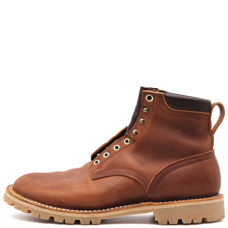 A brown leather lace-up ankle boot with a tan sole and pull tab, shown from a side profile on a white background.