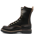 A single black leather lace-up work boot with gold-tone metal eyelets and pull tabs, shown from a side profile on a white background.