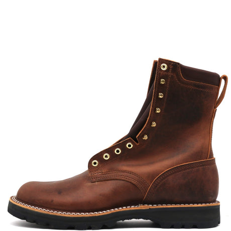 A brown leather lace-up ankle boot with brass eyelets, decorative rivets, and a black sole, shown from a side profile on a white background.