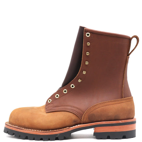 A brown leather lace-up ankle boot with a tan suede toe and heel, gold-tone eyelets, and a black lug sole, shown from a side profile on a white background.