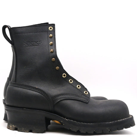 A single black leather lace-up work boot with brass eyelets and a pull tab, shown from a side profile view on a white background.