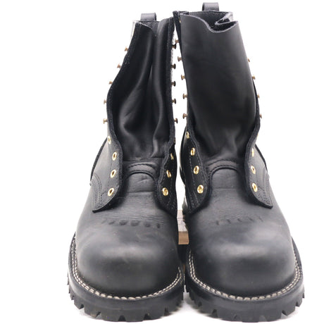 A pair of black leather lace-up ankle boots with gold-tone metal studs and eyelets, photographed against a plain white background.