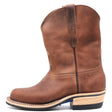 A brown leather cowboy boot with a square toe, stacked wood-look heel, and a vertical pull tab on the back collar, shown against a plain white background.