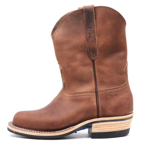 A brown leather cowboy boot with a square toe, stacked wood-look heel, and a vertical pull tab on the back collar, shown against a plain white background.