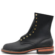 A black leather lace-up ankle boot with gold-tone metal eyelets and studs, shown from a side profile on a white background.