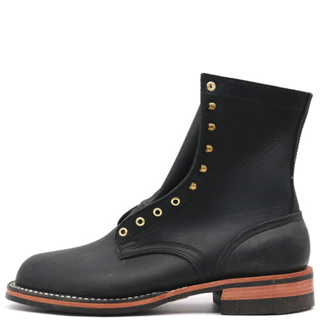 A black leather lace-up ankle boot with gold-tone metal eyelets and studs, shown from a side profile on a white background.