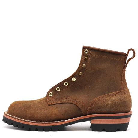 A brown suede lace-up ankle boot with brass eyelets, a pull tab, and a black lug sole, shown from a side profile on a white background.
