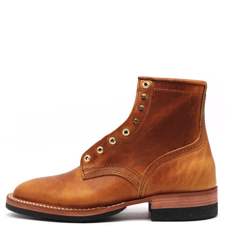 A single brown leather lace-up ankle boot with brass eyelets and a black sole, shown from a side profile on a white background.