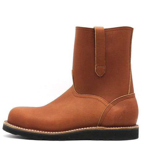 A mid-calf brown leather boot with a pull strap on the back, shown in a side profile view against a white background.