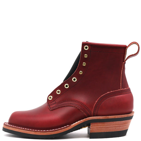 A single red leather ankle boot with gold-tone eyelets, a pull tab, and a stacked wood-look heel, photographed on a clean white background.