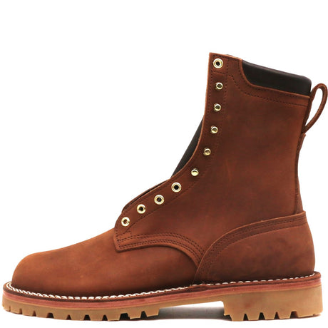 A brown suede lace-up ankle boot with brass eyelets, a pull tab, and a thick lug sole, shown from a side profile on a white background.
