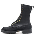 A black leather and suede combat boot with gold-tone metal eyelets and studs, shown from a side profile on a white background.