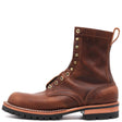 A brown leather lace-up boot with brass eyelets, a pull tab, and a rugged black sole, shown from a side profile on a white background.