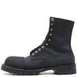 A black leather lace-up ankle boot with gold-tone metal eyelets and studs, shown from a side profile on a white background.