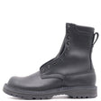 A single black leather ankle boot with a rugged sole, side pull tab, and decorative metal eyelets, shown from a side profile on a white background.