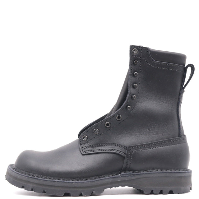 A single black leather ankle boot with a rugged sole, side pull tab, and decorative metal eyelets, shown from a side profile on a white background.