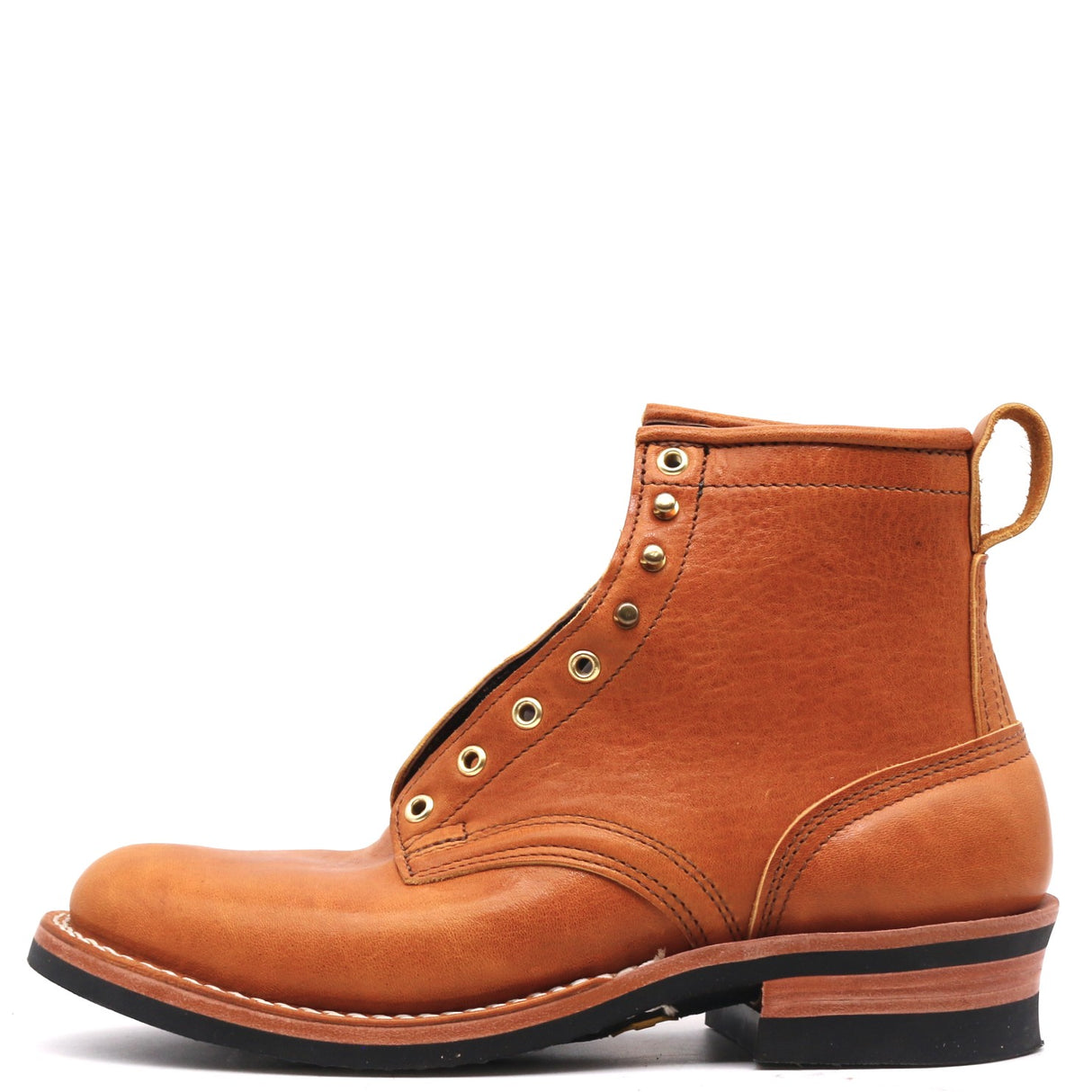 A single light brown leather ankle boot with brass eyelets, a pull tab, and a black sole, shown from a side profile on a white background.