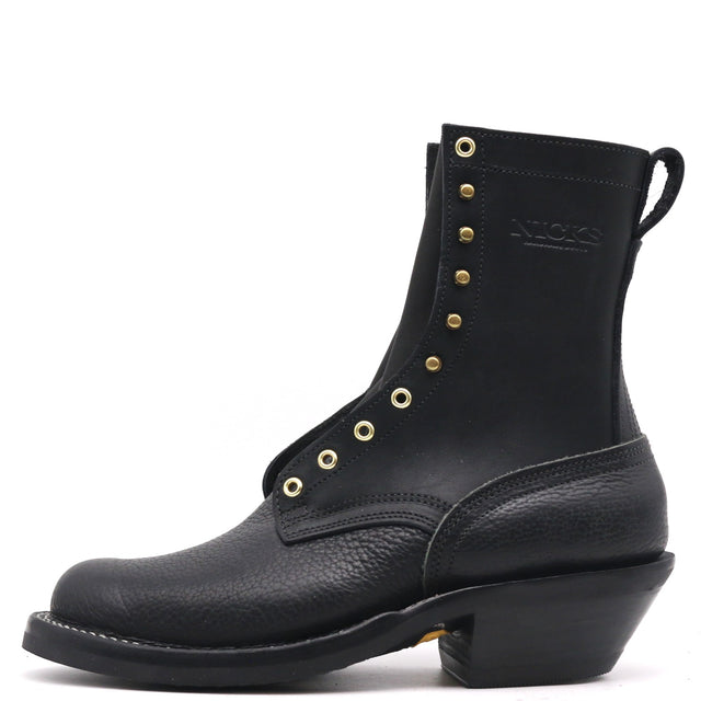 A black leather lace-up ankle boot with gold-tone metal eyelets and studs, featuring a low block heel and a pull tab, shown from a side profile on a white background.