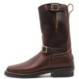 A dark brown leather mid-calf boot with gold-tone buckle straps, white contrast stitching, and a low black heel, shown from a side profile on a white background.