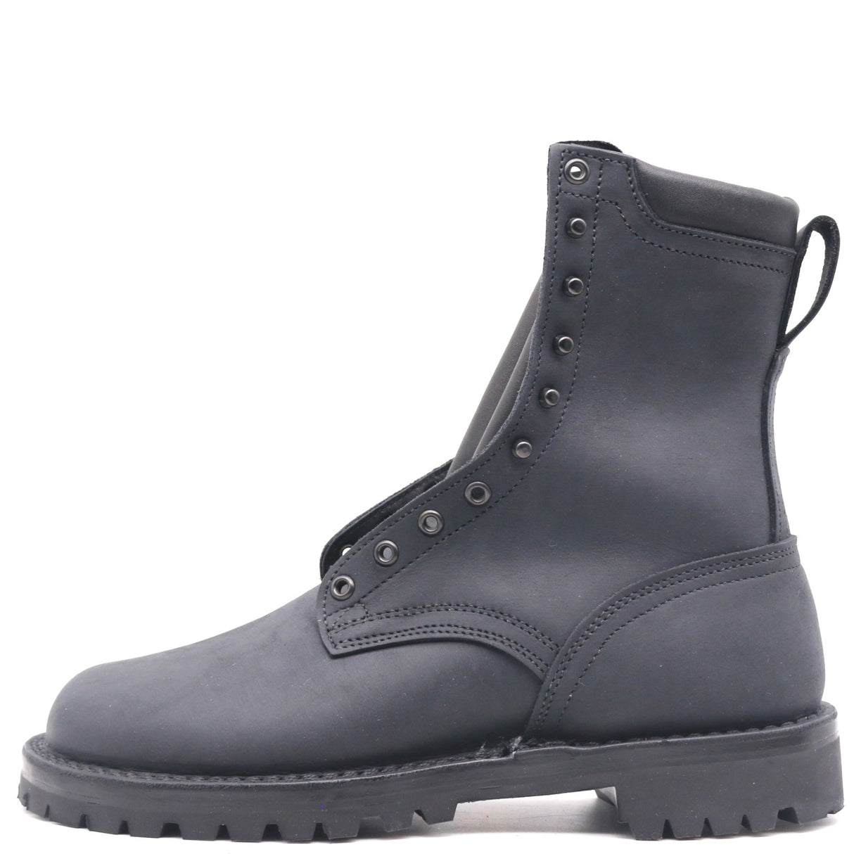 A dark gray leather lace-up ankle boot with a rugged lug sole, shown from a side profile view against a plain white background.