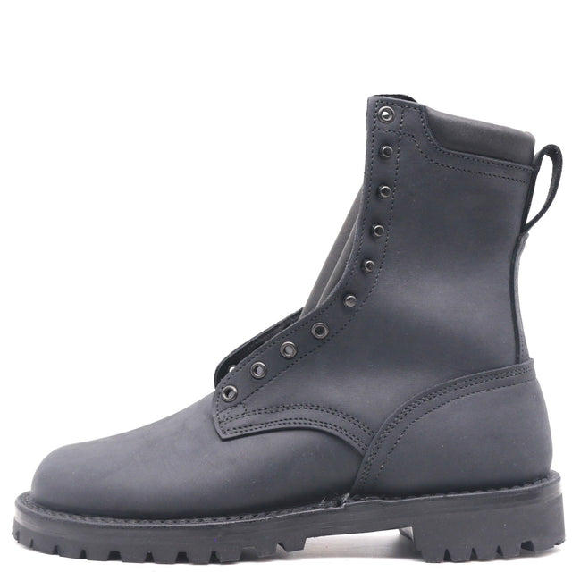 A dark gray leather lace-up ankle boot with a rugged lug sole, shown from a side profile view against a plain white background.