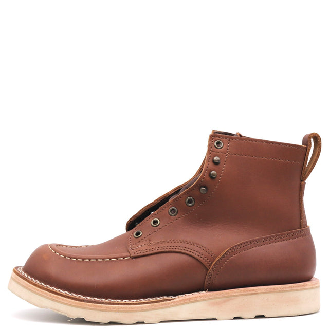 A brown leather lace-up ankle boot with contrast stitching, metal eyelets, and a light-colored sole, shown from a side profile on a white background.