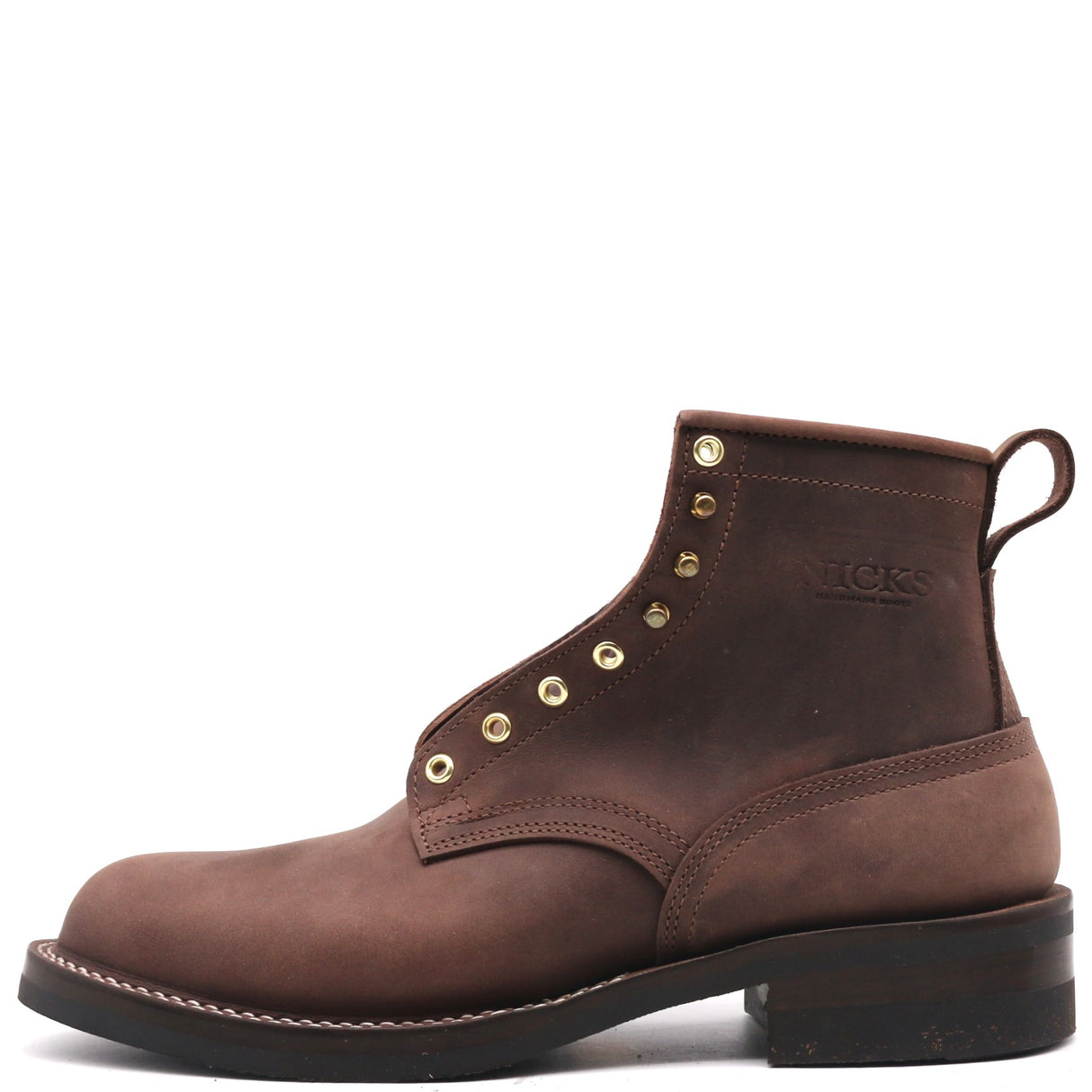 A dark brown leather ankle boot with gold-tone metal eyelets and a pull tab, shown from a side profile on a white background.