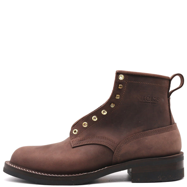 A dark brown leather ankle boot with gold-tone metal eyelets and a pull tab, shown from a side profile on a white background.