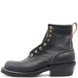 A black leather lace-up ankle boot with gold-tone metal eyelets and a low block heel, shown in a side profile on a white background.