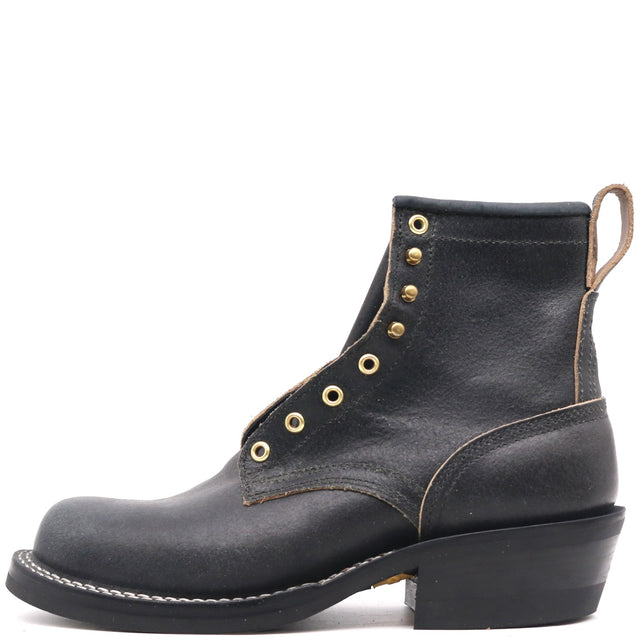 A black leather lace-up ankle boot with gold-tone metal eyelets and a low block heel, shown in a side profile on a white background.