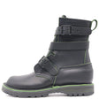 A black leather ankle boot with multiple adjustable straps and bright green contrast stitching, shown from a side profile on a white background.