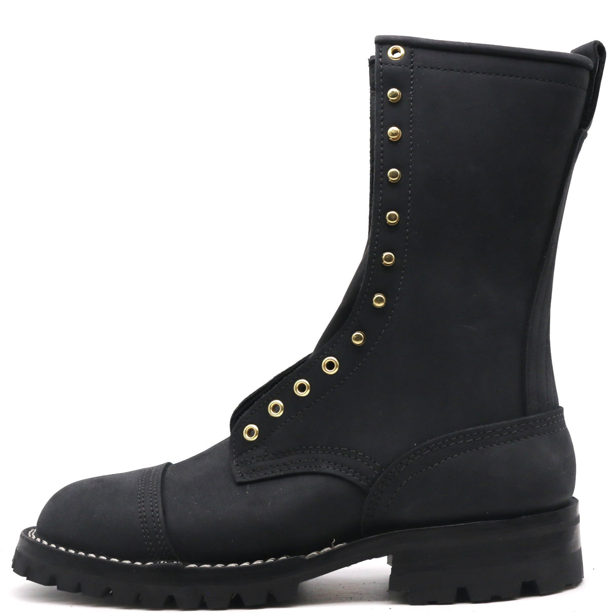 A black leather lace-up boot with gold-tone metal eyelets and studs, a rounded toe, and a thick lug sole, shown from a side profile on a white background.