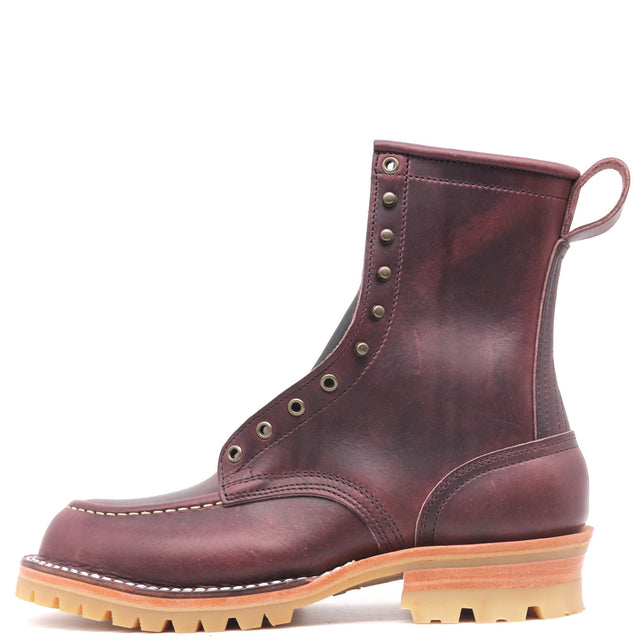 A single dark burgundy leather lace-up ankle boot with brass eyelets, contrast stitching, and a tan lug sole, shown from a side profile on a white background.