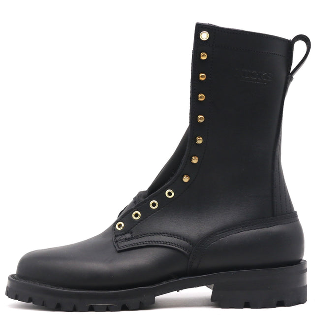 A black leather lace-up combat boot with gold-tone metal eyelets and studs, featuring a pull tab at the top, shown from a side profile on a white background.