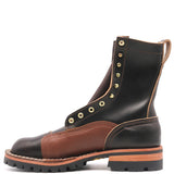 A rugged lace-up leather boot in black and brown, featuring brass eyelets, a thick black lug sole, and contrast stitching, shown from a side profile on a white background.