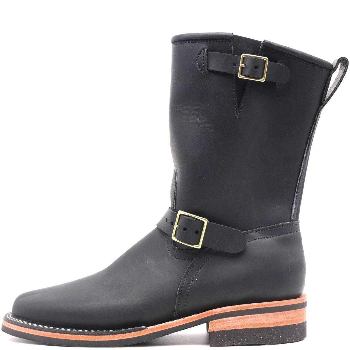 A black leather mid-calf boot with gold-tone buckle straps, a pull tab, and a stacked sole with a light brown mid-layer, shown against a plain white background.