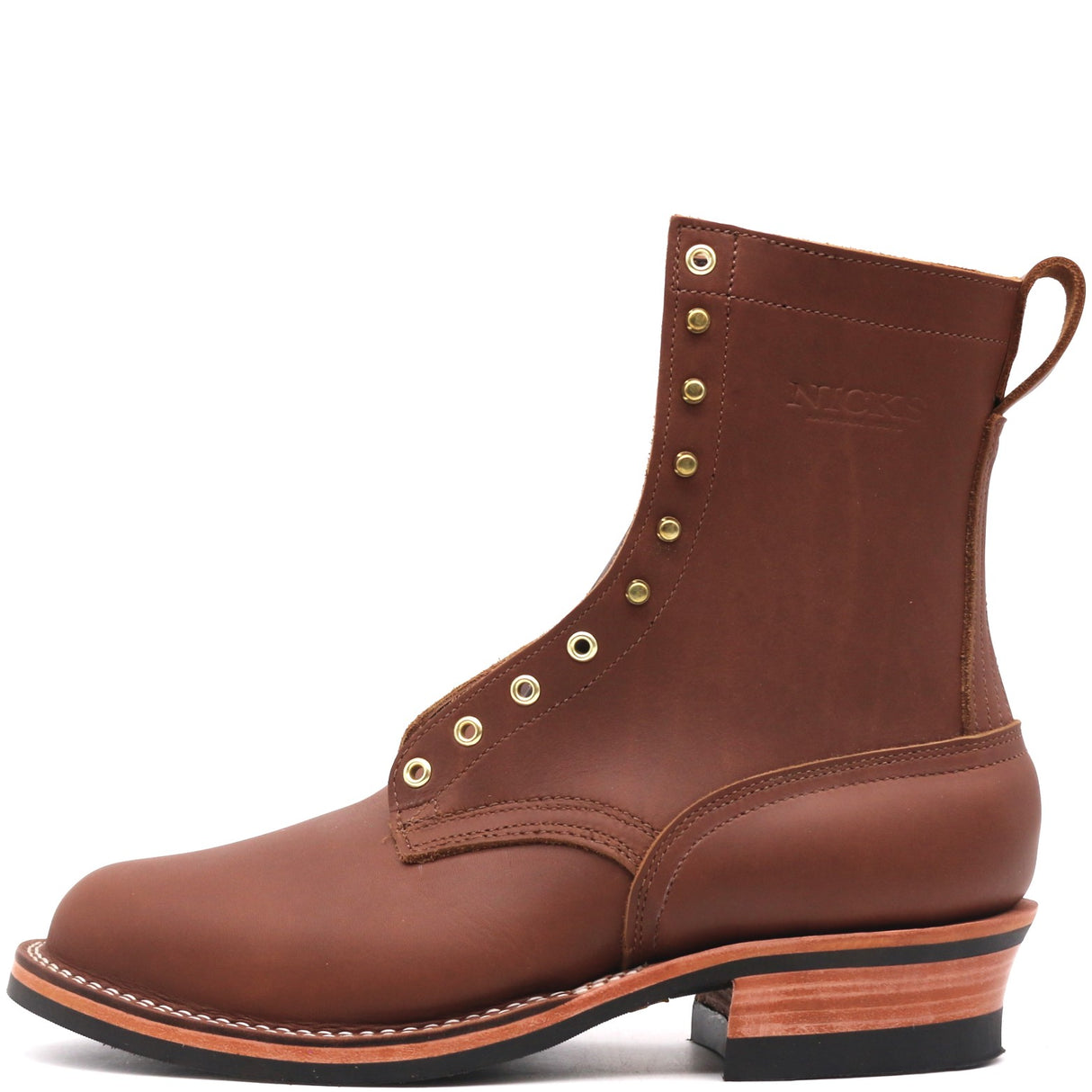 A brown leather lace-up ankle boot with brass eyelets, a stacked wood-look heel, and a black outsole, shown from a side profile on a white background.
