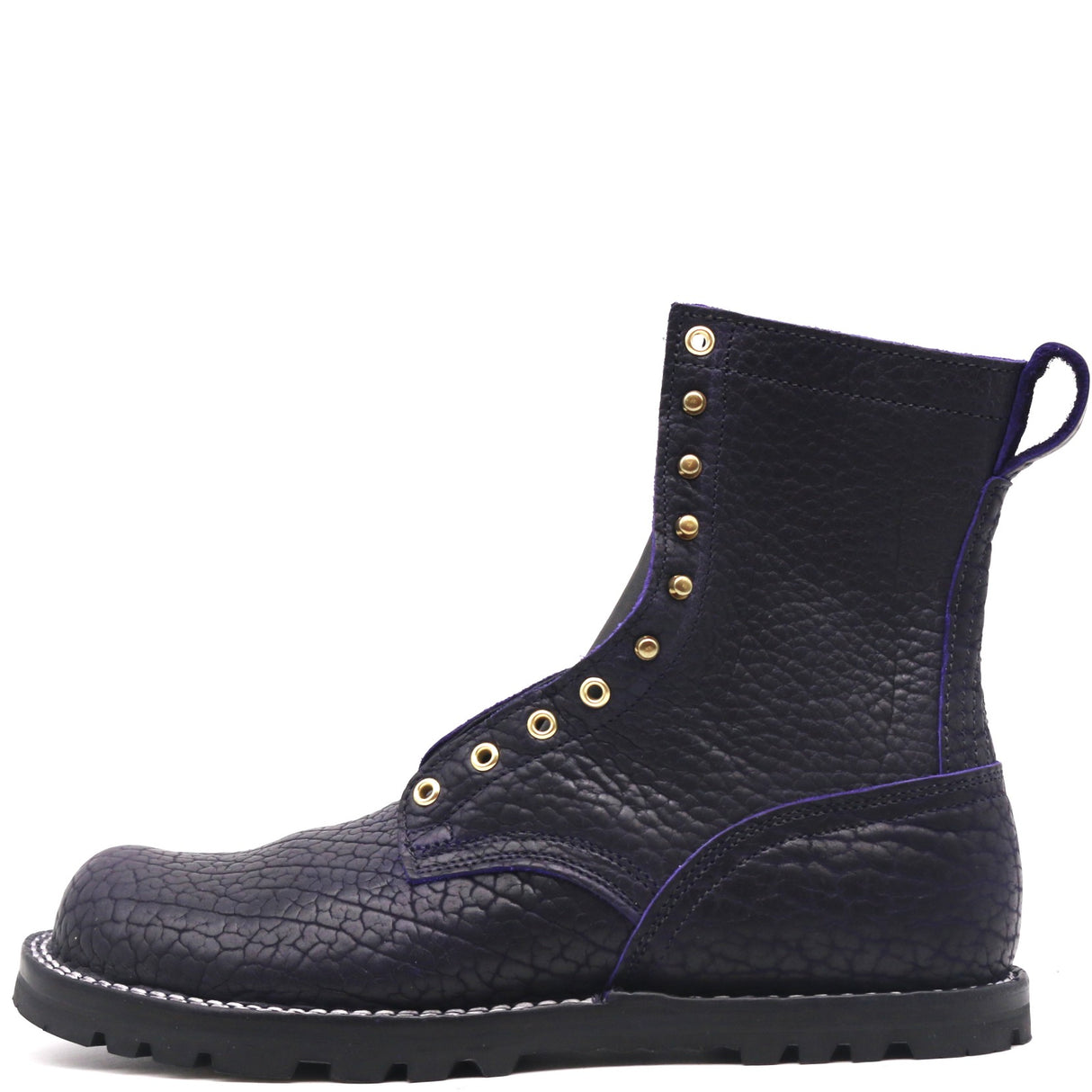 Black zero drop textured leather boot with purple leather core and black hardware in front of a white background.