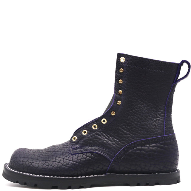 Black zero drop textured leather boot with purple leather core and black hardware in front of a white background.