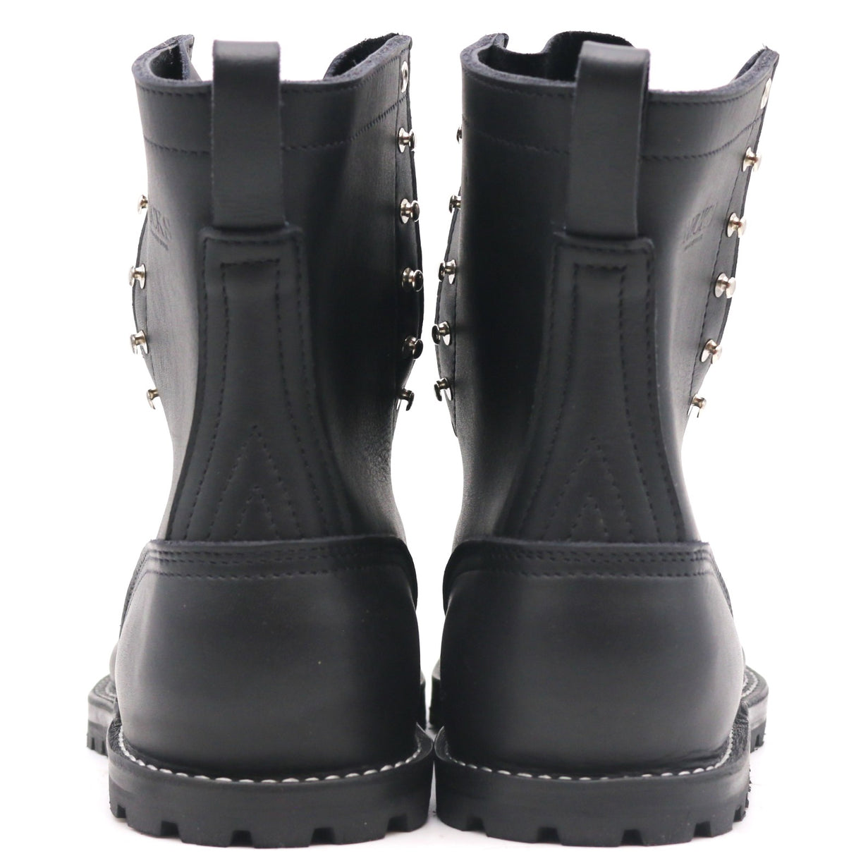 A pair of black leather ankle boots shown from the back, featuring silver metal studs along the sides and pull tabs at the top, set against a plain white background.