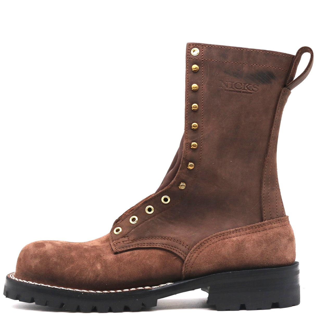 Brown ten inch boot with brass hardware and safety toe in front of a white background.