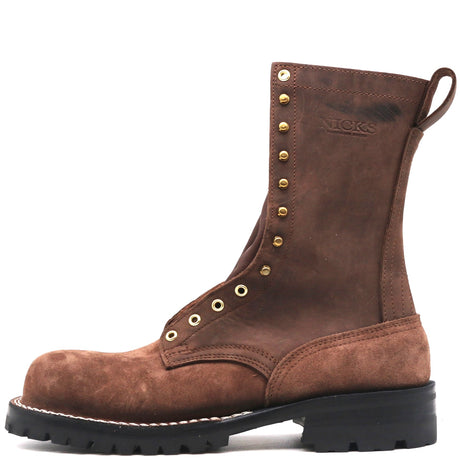 Brown ten inch boot with brass hardware and safety toe in front of a white background.