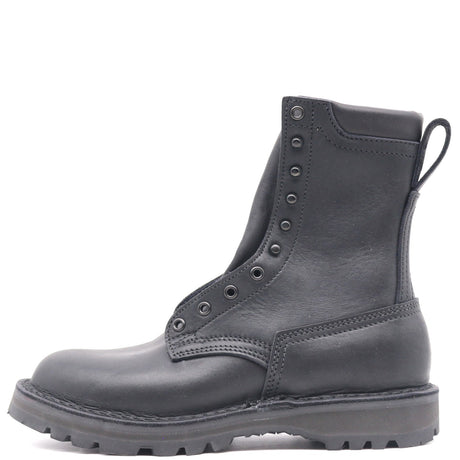 A dark gray leather lace-up ankle boot with a pull tab, shown from a side profile view against a plain white background.