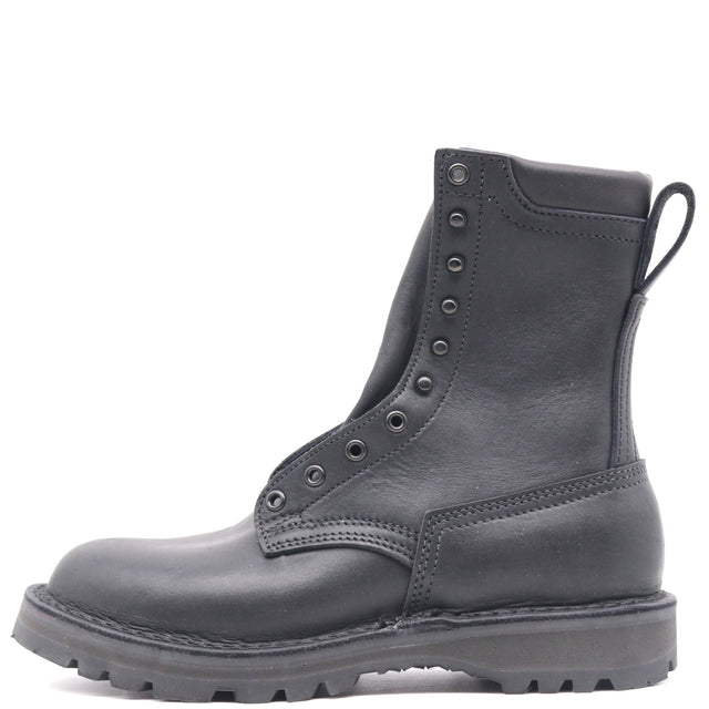 A dark gray leather lace-up ankle boot with a pull tab, shown from a side profile view against a plain white background.