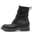 A black leather ankle boot with three adjustable strap closures and bright green contrast stitching, shown from a side profile on a white background.